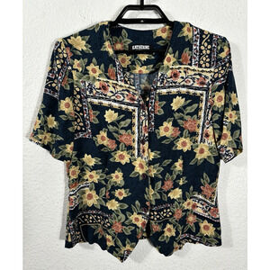 Vintage Y2K Top Size M Floral Multicolor Short Sleeve Rayon VNeck Button Up